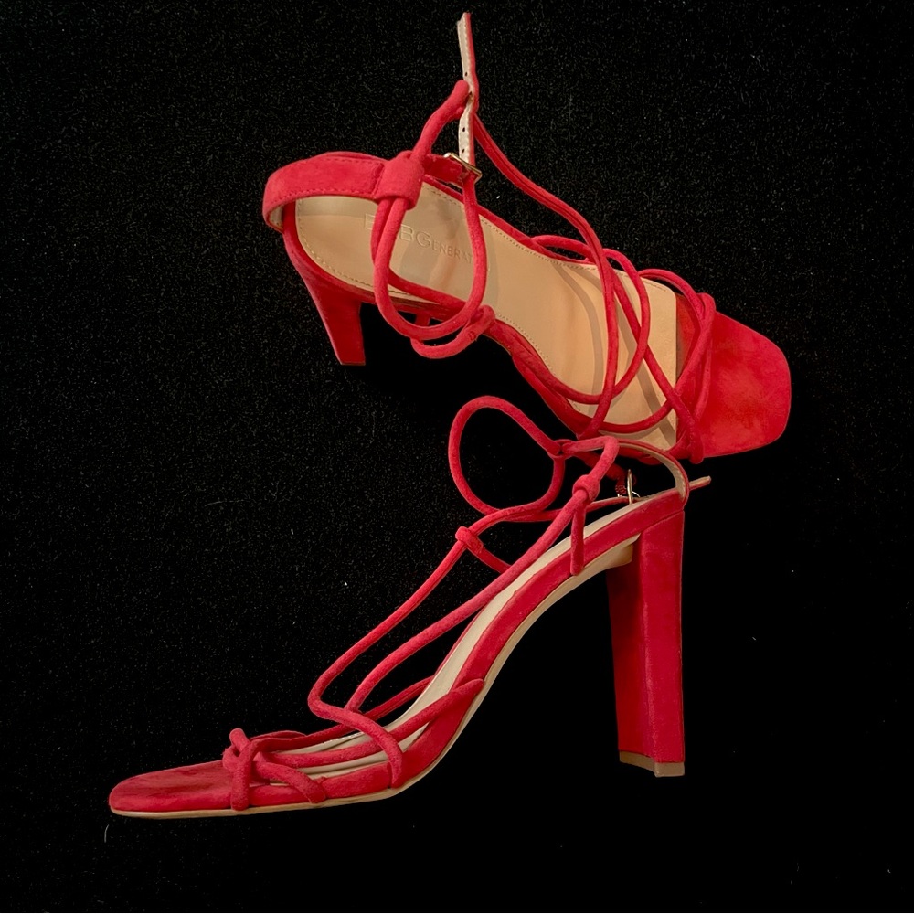 Red Suede Lace Up block heels; Size 8